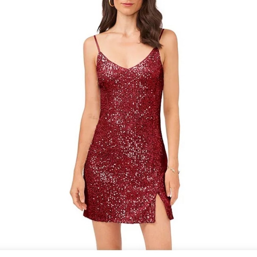 1. STATE NWT Sleeveless V-Neck Sequin Mini Slip Dress SZ 4 burgundy - Picture 2 of 11